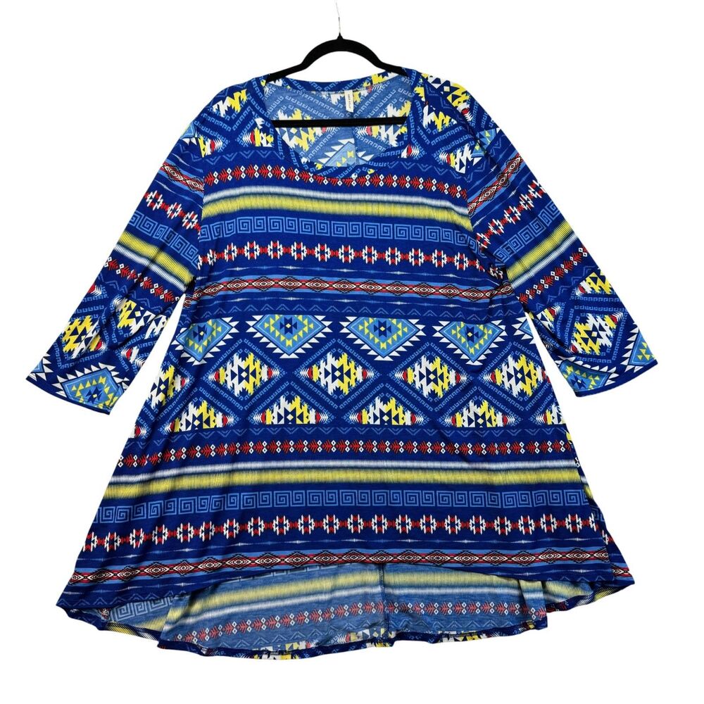 Coco Kelly Tunic Women's 3X Blue Aztec Western Long Sleeve Knit Stretch Blouse